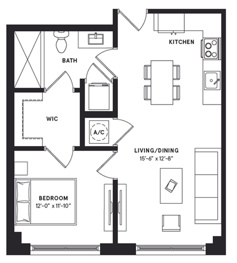 Floor plan for 1 bed, 1 bath, 673 sqft